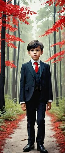 Professional photo of a young boy in the forest with front view and toned legs. Wearing black tie, on jazz age energy. Handheld shot. Cool-toned color grading. Red background. Black eyes. Fleshy lips.