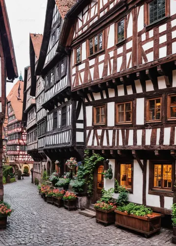 Fototapety, obrazy: Beautiful street of half timbered buildings in the picturesque Old Town of Nuremberg, Bavaria, Germany,half-timbered houses,colmar,half-timbered wall,half-timbered house,half-timbe