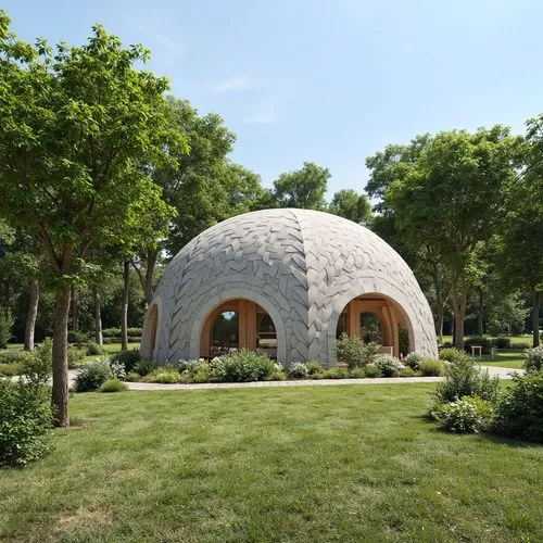 1. Forma general del domo:

Estructura semi ovalada con textura entrelazada en patrón de trenzado, hecha de concreto tipo concreto impreso en 3D. 100 mts2. máx. 10 metros de altura

El entorno es un p