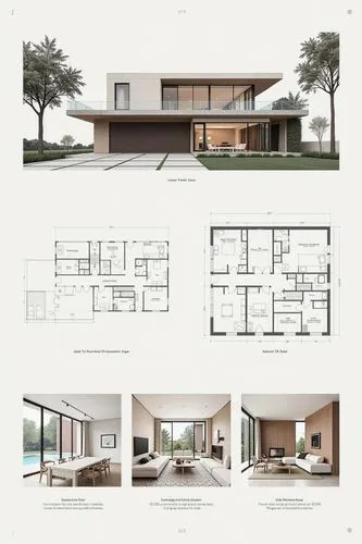 A professional architectural presentation board with a Pure background and a clean, minimalist design layout. The board includes:

Top Section: On the top left, a photorealistic render of a contempora