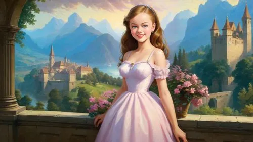 Romantic masterpiece oil painting, cute girl portrait, nostalgic 1950's style kitsch, traditional woman, tradwife, beautiful European cityscape, epic vast kingdom scenery, Victorian era aesthetic, by 
