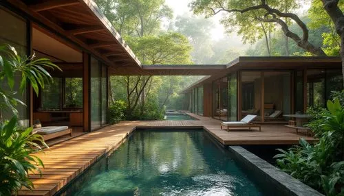 A modern villa nestled deep within a tropical rainforest, designed with an open floor plan that blurs the line between indoor and outdoor spaces. The villa’s glass walls slide completely open to revea