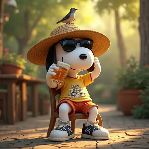 Ein Bild von Snoopy , der in einem Biergarten auf einem Stuhl sitzt, und Bier trinkt. Er trägt ein T-shirt mit der Aufschrift "Schönes Wochenende", Sneakers, einen Strohhut, shorts, und eine Sonnenbri