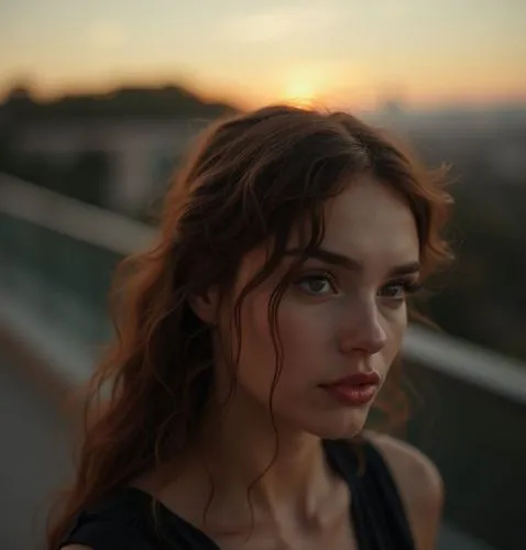 A portrait of a beautiful young caucasian woman, aged 23, with long and slightly curly brown hair, brown eyes, and red lips. She wears an elegant black dress with a neckline. She is standing on a balc