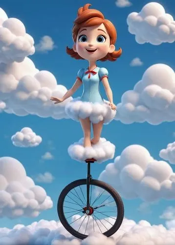 an animated girl stands on a tiny bicycle riding in the clouds,unicycle,unicycles,girl with a wheel,bicycle,bicycling,flying girl,up,woman bicycle,balance bicycle,cute cartoon character,wheelie,cyclin