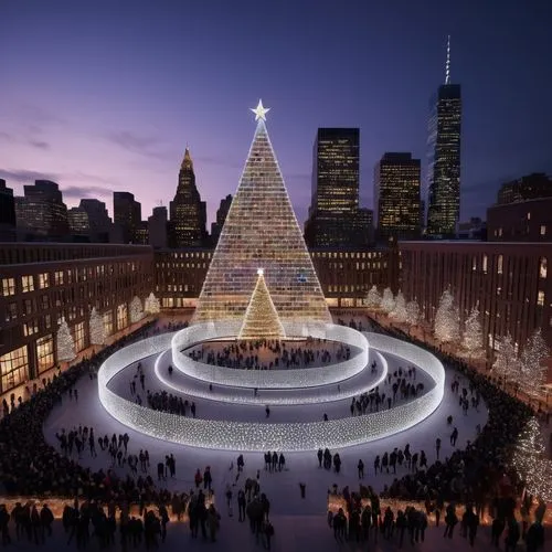 Bjarke Ingels design inception architecture plaza with christmas light all over the architecture in New York City experience designed to be entered and explored. Explore how distinct architectural sty