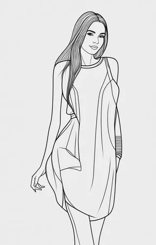 1girl, full body, solo, long hair, line art, ,fashion sketch,fashion vector,fashion illustration,sheath dress,coloring page,coloring pages,a girl in a dress,girl in a long dress,valentine line art,dra