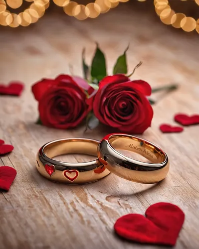 Two Rings on top of each other with the names “Alexandra Antonio” With red hearts And a red rose in the middle,close-up view,wedding rings,wedding ring,golden weddings,dowries,wedding band,gold rings,
