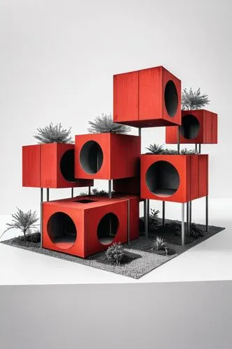 future social miniature cubic pods minimalist architecture in Puerto Rico made with red pale perforated  metal tropical landscape tetrix architecture,cube stilt houses,cubic house,dog house,cube house