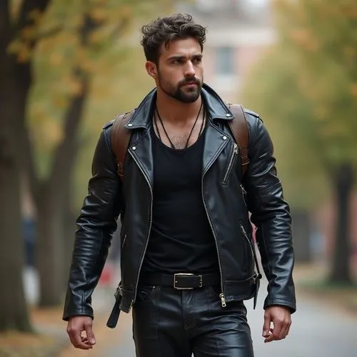 an insanely handsome muscular college professor who is an immortal werewolf, wearing leather jacket, tank top, and leather pants, on campus, wearing smartwatch, boots, backpack























