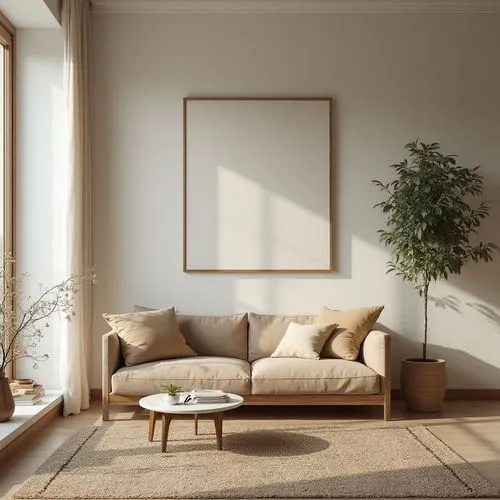 Imagem de um cenário védico minimalista  uma sala de estar ,a living room with beige furniture and a large poster,danish furniture,sofa set,living room,sitting room,modern minimalist lounge,soft furni