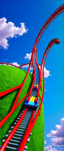 Roller coaster, amusement park, daytime, sunny weather, blue sky, fluffy white clouds, vibrant colors, thrill ride, steep drop, sharp turn, excited passengers, screaming faces, safety harnesses, shiny