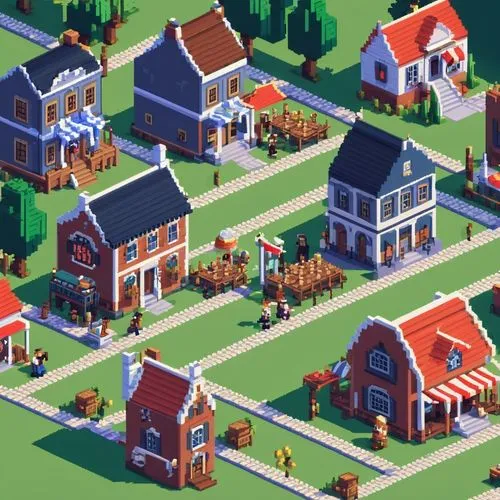 Pixel Art， game Scene,houses clipart,suburbs,suburbia,houses,pei,small towns,bungalows,lowpoly,neighborhood,escher village,microdistrict,aurora village,suburban,isometric,row of houses,farmhouses,bloc