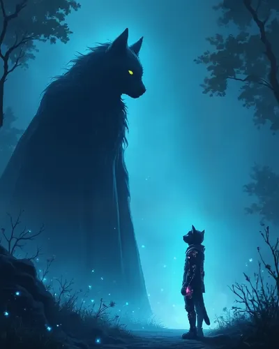 A digital illustration shoot from a profile camera angle about a mystical scene featuring a cat and a large wolf standing side by side in a dark forest at night. the image also shows glowing blue spar