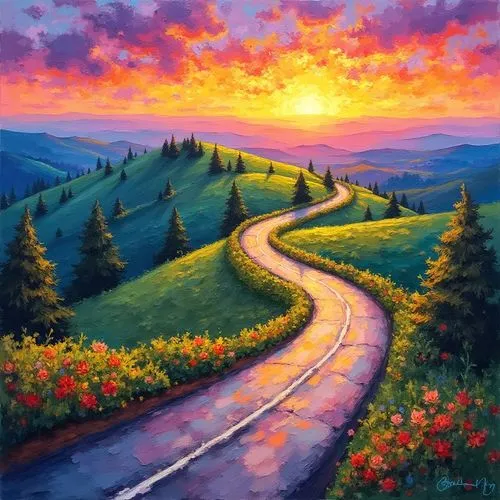 A colorful and vibrant painting of a winding road through rolling hills with a sunset in the background, in a impressionist style,painting of a country road with flowers and sunset in the background,m