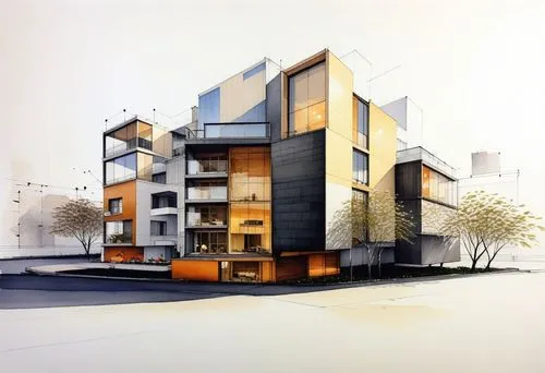 the drawing shows a three - story building that's mostly a modern office complex,prefab,prefabricated,prefabs,prefabrication,residential,condominium
