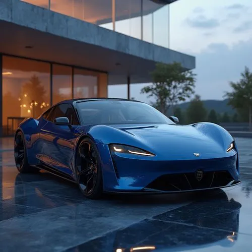 An elegant electric luxury coupe designed for long-distance cruising. The car has an aerodynamic, smooth body with sweeping curves, and the exterior is finished in deep sapphire blue with a pearlized 