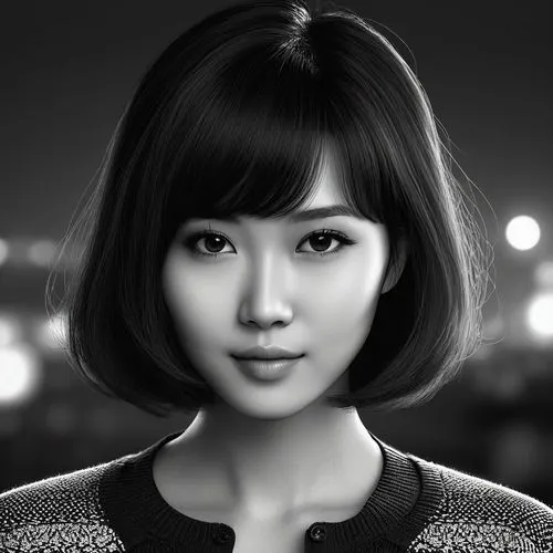 Gros plan d'une jeune femme asiatique aux cheveux courts et foncés, coiffés en une coupe droite avec une frange. Elle a les yeux foncés et une expression légèrement mélancolique ou pensive. Sa peau es