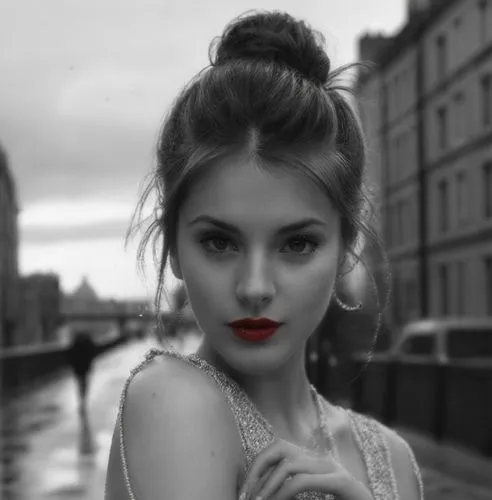 a black and white illustration portrait of a beautiful Caucasian young woman, 22 years old with brown hair, brown eyes, and red lips, she has her hair tied up with a bun, she is wearing a black dress 