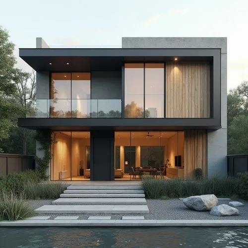 A minimalist, two-story modern home characterized by clean geometric lines and a balanced combination of materials—smooth concrete, matte black metal framing, and vertical natural wood cladding. The f