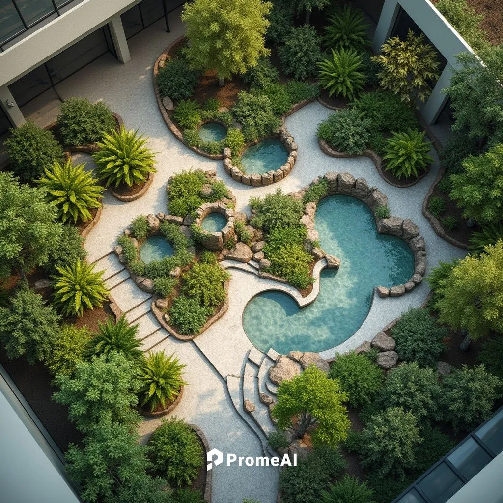 an aerial view of a building and pool with several landscaping options