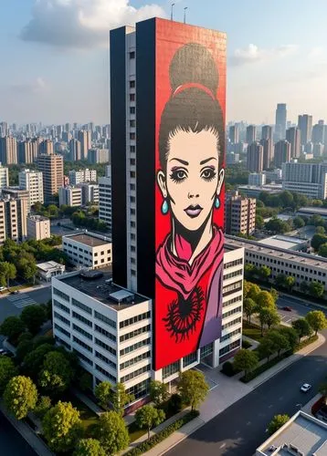 a high rise with a painting on it near a city,public art,japan,skyscraper,the skyscraper,muralist,mural,sky apartment,metropolis,high-rise building,wonder woman city,high rise,high rise building,mural