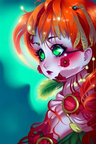 A young woman with glowing green eyes,a very cute little girl with red hair and big green eyes,operetta,flame lily,fire pearl,flame spirit,zinnia,adagio,flame flower,masquerade,flaky,satori,evil fairy