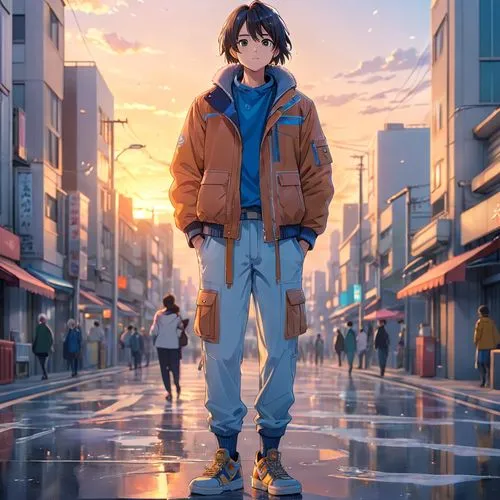 anime japanese clothing,pedestrian,2d,violet evergarden,yuki nagato sos brigade,tokyo city,a pedestrian,shibuya,parka,tokyo,cg artwork,anime cartoon,anime boy,jean jacket,ginza,evangelion,blue rain,st