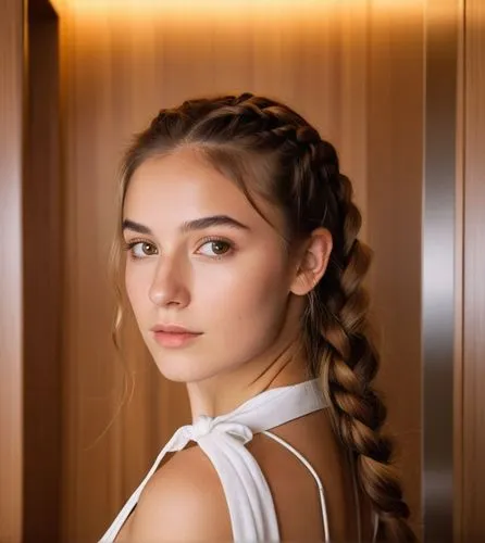 A portrait of a beautiful caucasian young woman with long brown hair and a braid, 21 years old, dressed in a white minidress with neckline, standing on her back with her head tilted backward, gazing o