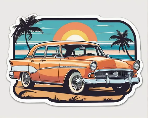 Design an illustration of a vintage car parked on a peaceful beach during sunset.,retro 1950's clip art,retro car,retro automobile,retro vehicle,classic car and palm trees,volvo amazon,station wagon-s