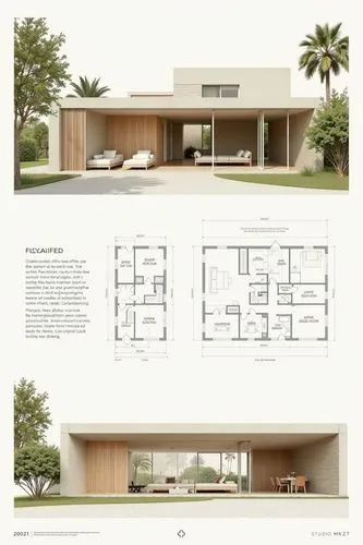 A professional architectural presentation board with a Pure background and a clean, minimalist design layout. The board includes:
Top Section: On the top left, a photorealistic render of a contempora