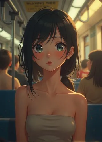 Create an intense, evocative full body shot .The scene features a young youthful female May (pokemon), subway, crowded train, sunny day, tube top, sweat, biting lip,

godrays, 1girl, May (pokemon), su