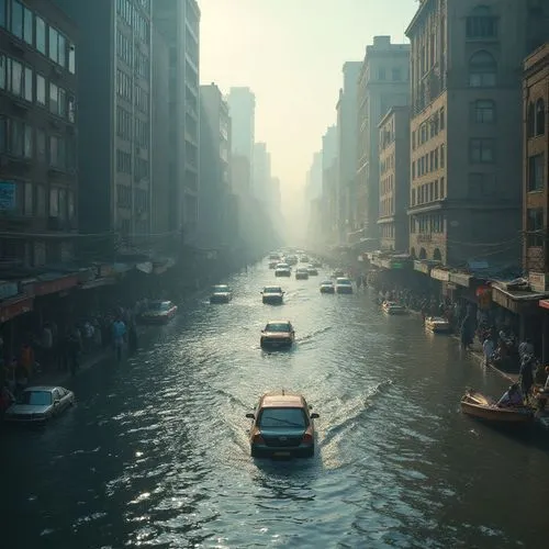 Extreme level view of flood in a city, vehicles are floating in the water, peoples walking through the water and passing through water using small boats,people and vehicles are traveling in a waterway