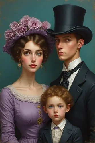 Victorian family portrait, woman purple rose hat, man top hat, boy in lace, detailed formal wear, painterly teal background, realistic, serious faces.,a painting of an older man in top hat with an you