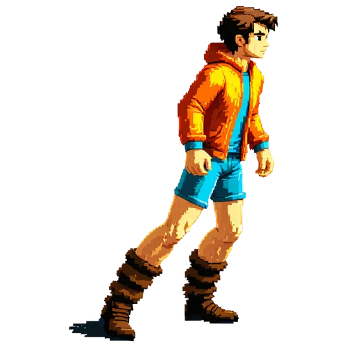 Vibrant colors, high saturation, bright lighting, ,game character,moon boots,male character,sakana,conker,png image,hiker,moc chau hill,scout,retro styled,adventure game,action-adventure game,monkey i