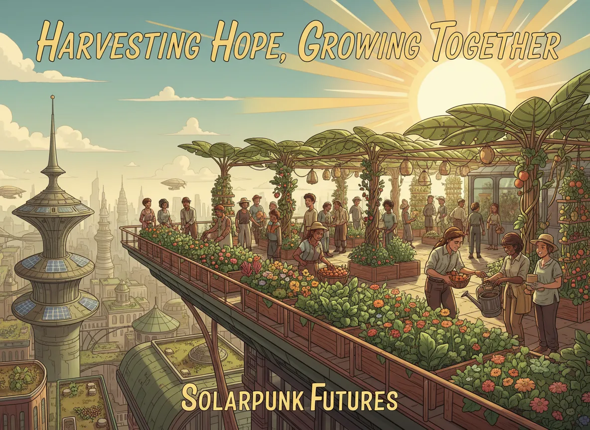 एक भविष्य की छत पर एक सामुदायिक उद्यान दिखाते हुए एक उत्साहवर्धक Solarpunk पोस्टर, जिसमें विविध लोगों का एक समूह तेज धूप के नीचे पौधों की देखभाल कर रहा है।