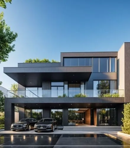 Change Colour combination of this bunglow, modern and futuristic ,cars parked outside a house that has windows and balconies,modern house,modern architecture,cube house,contemporary,cantilevers,cubic 