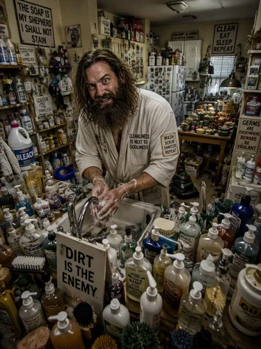 a man with long hair and big beard cleaning his hands, an apartment full of soaps and things and food and cleaning tools, crazy man obssessed with cleaning
,a man is standing next to a table full of b