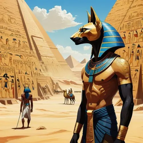 Anubis, represented by the head of a jackal, takes on a muscular male human body and looks at the mask of Tutankhamun, in the background a large wall adorned with brightly colored Egyptian hieroglyphi