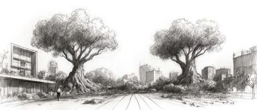 paisaje futurista ciudad y arboles gigantes, ,drawing of an urban area and the surrounding city with trees,urban landscape,tree-lined avenue,plane trees,city scape,row of trees,city highway,avenue,tre