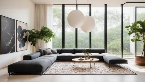 Modern minimalist living room, luxurious villa, large windows, natural light pouring in, white marble floor, creamy walls, high ceiling, sleek black lines, Scandinavian furniture, low-profile sofa, ge