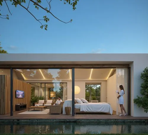 A photo-realistic rendering of a modern, minimalist house with a minimalist design. the house is located in the middle of the image, with a clear blue sky visible in the background. the building has a