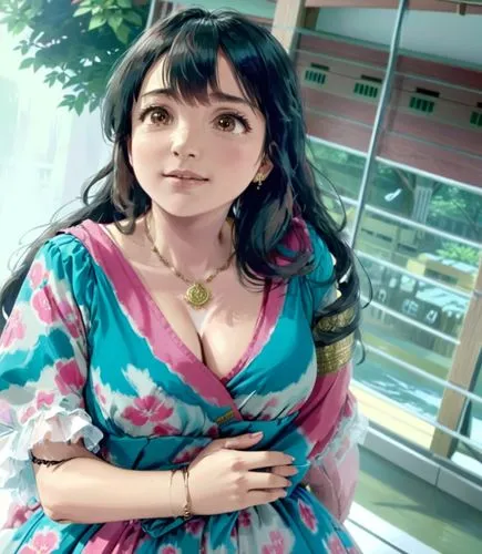 Woman, extra large chest, black hair, brown eyes ,a woman standing near a large window in a dress,sari,bhansali,kurti,tanuja,rituparno,avantika