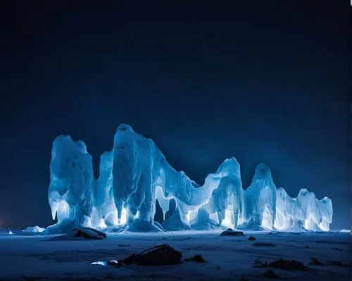 ice ghosts, night, darkness,some very large ice formations in the snow,ice castle,icebergs,ice cave,ice landscape,ice formations,ice planet,polar lights,ice wall,blue caves,arctic,ice curtain,the blue