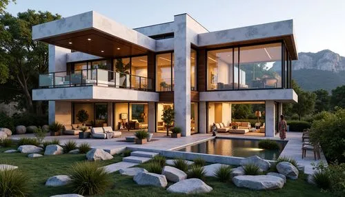 Eclectic postmodern villa, fragmented forms, irregular shapes, bold color blocking, playful juxtapositions, mixed materials, rough stone walls, smooth glass surfaces, wooden accents, metal frames, orn