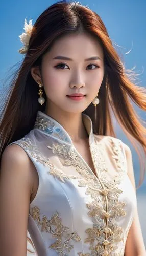 一个女孩
典雅古韵，长发飘逸，温柔笑容

旗袍装束，曼妙身姿，东方韵味

清新脱俗，淡雅妆容，秀外慧中

自然光下，肌肤如雪，柔和光影,an asian woman in white dress with long hair,hanbok,korean drama,solar,suzy,inner mongolian beauty,hyang,Photography,General,Realist