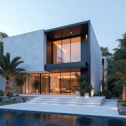 A hyper-realistic, high-resolution architectural photograph capturing a grand, ultra-modern luxury mansion at twilight. The building’s façade is composed of smooth white stone panels contrasted with s