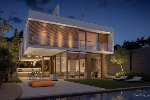 A photo-realistic rendering of a modern, minimalist house with a contemporary design. the house is a two-story, concrete structure with large windows and wooden slats on the upper level, allowing natu