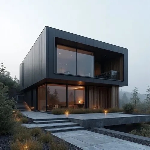 A hyper-realistic, high-resolution architectural photograph of a sleek, two-story modern residence with a minimalist, all-black exterior. The building’s façade is composed of smooth, matte metal panel