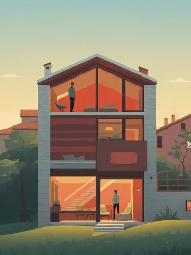 there are people standing outside of a home,mid century house,vivienda,house silhouette,modern house,cubic house,home landscape,Illustration,Vector,Vector 05